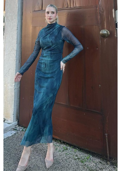 Petrol Yeşili Desenli Uzun Kollu Tül Elbise MG2008