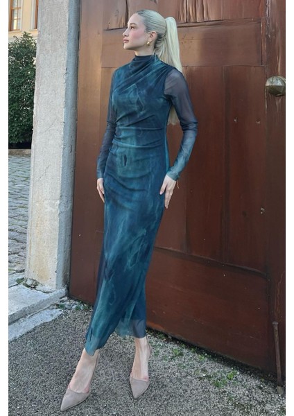 Petrol Yeşili Desenli Uzun Kollu Tül Elbise MG2008 modelleri