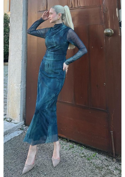 Petrol Yeşili Desenli Uzun Kollu Tül Elbise MG2008 fırsatları