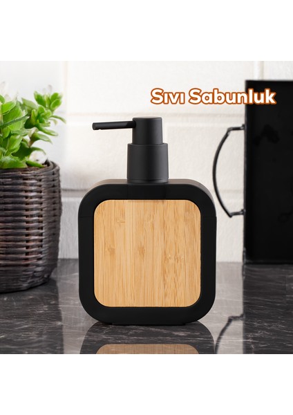 3147 Banyo ve Mutfak Sıvı Sabunluk 400ML Siyah-Ahşap