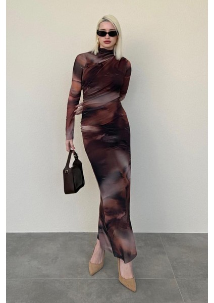 Kahverengi Desenli Uzun Kollu Tül Elbise MG2008