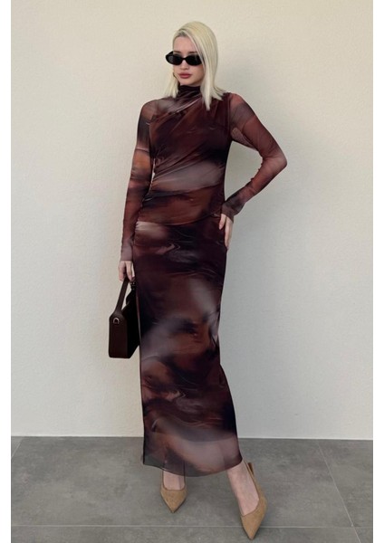 Kahverengi Desenli Uzun Kollu Tül Elbise MG2008 fiyatları