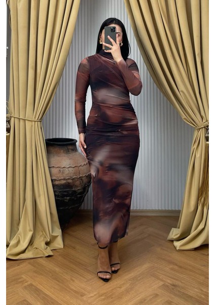 Kahverengi Desenli Uzun Kollu Tül Elbise MG2008 fırsatları