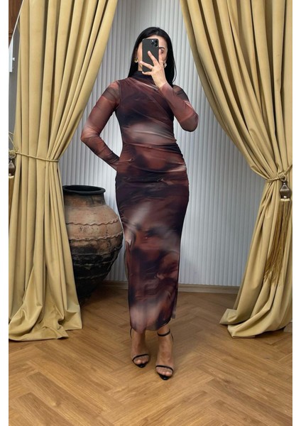 Kahverengi Desenli Uzun Kollu Tül Elbise MG2008 indirimleri