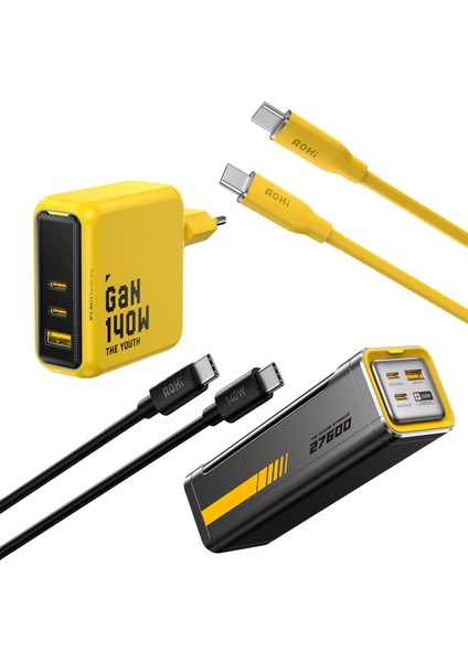 Youth 140W 3 Portlu Şarj ADAPTÖRÜ,27.600 Mah 240W Pd3.1 Powerbank, 140W 1m Pd 3.1 480MBPS Süper Hızlı Şarj/data Kablosu Seti