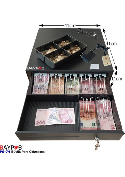 7 Banknot Gözlü Kolay Açma Buton ve Adaptörlü, Anahtardan Açılır Para Çekmecesi 41X41X11CM