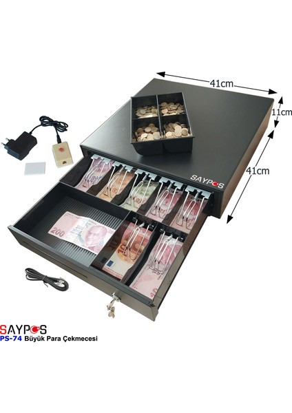 7 Banknot Gözlü Kolay Açma Buton ve Adaptörlü, Anahtardan Açılır Para Çekmecesi 41X41X11CM modelleri