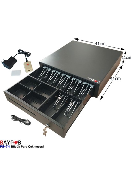 7 Banknot Gözlü Kolay Açma Buton ve Adaptörlü, Anahtardan Açılır Para Çekmecesi 41X41X11CM