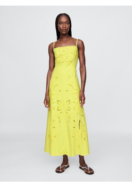 Kadın Sarı Linen-Blend Nakışlı Maxi Elbise