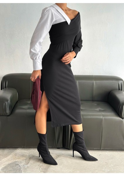 Kadın Siyah Tek Omuz Gömlek Detaylı Yırtmaçlı Örme Kumaş Midi Şık Elbise MNN9634 fiyatları