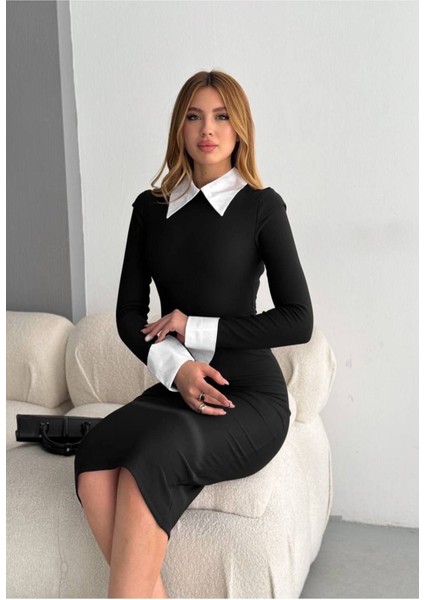 Kadın Gömlek Yaka Kol Manşetli Vücudu Saran Esnek Midi Boy Elbise MNN7001 fiyatları