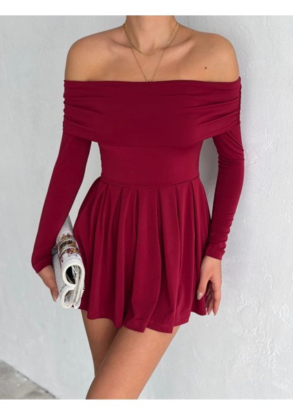 Kadın Omzu Açık Madonna Yaka Vücudu Saran Pileli Mini Şık Elbise MNN7139