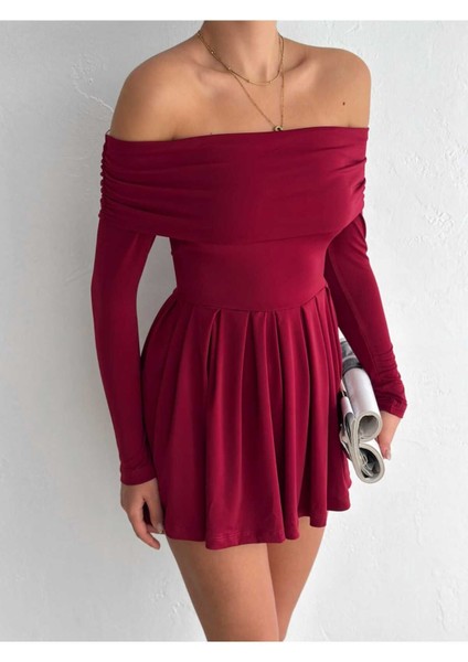 Kadın Omzu Açık Madonna Yaka Vücudu Saran Pileli Mini Şık Elbise MNN7139 modelleri