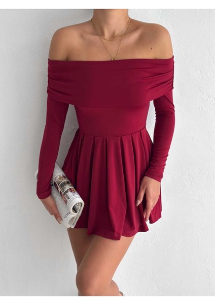 Kadın Omzu Açık Madonna Yaka Vücudu Saran Pileli Mini Şık Elbise MNN7139 fırsatları