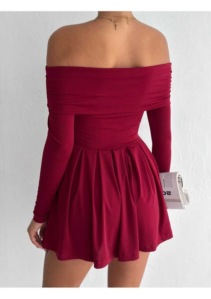 Kadın Omzu Açık Madonna Yaka Vücudu Saran Pileli Mini Şık Elbise MNN7139 indirimleri