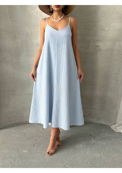 Kadın V Yaka Ayarlanabilir Askılı Astarlı Ithal Kumaş Günlük Midi Kloş Rahat Kalıp Elbise GEL3000