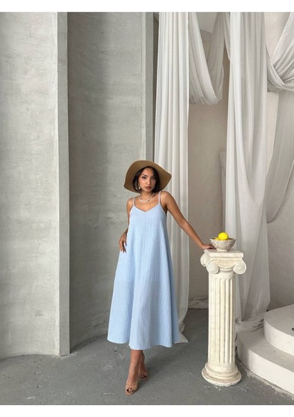 Kadın V Yaka Ayarlanabilir Askılı Astarlı Ithal Kumaş Günlük Midi Kloş Rahat Kalıp Elbise GEL3000 fırsatları