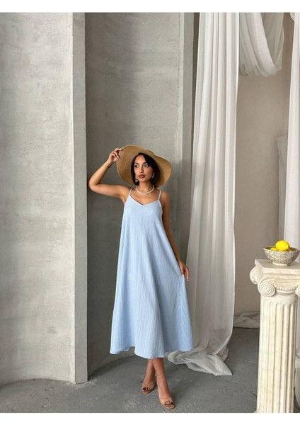 Kadın V Yaka Ayarlanabilir Askılı Astarlı Ithal Kumaş Günlük Midi Kloş Rahat Kalıp Elbise GEL3000
