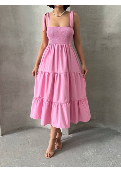 Kadın Askılı Gipeli Poplin Kumaş Günlük Düz Basic Salaş Uzun Maksi Elbise GT4467