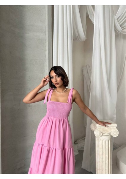 Kadın Askılı Gipeli Poplin Kumaş Günlük Düz Basic Salaş Uzun Maksi Elbise GT4467