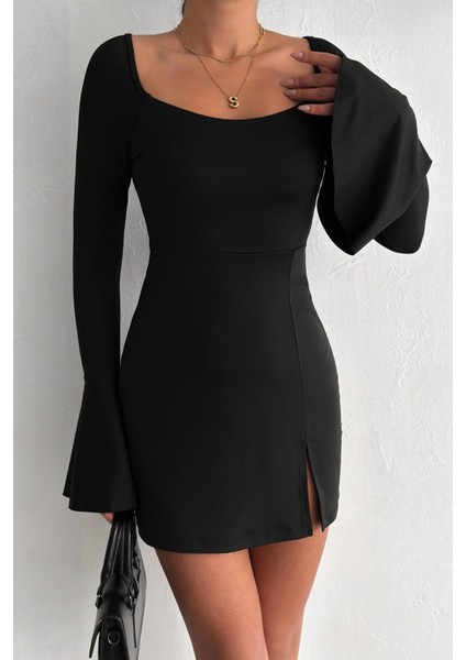 Kadın Siyah Kare Yaka Sırt Dekolteli Kolu Volanlı Yırtmaç Detaylı Mini Elbise MNN8761 indirimleri