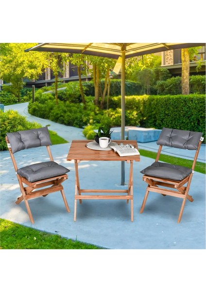 Ahşap Katlanır Puf Minderli 3'lü Bistro Set Bahçe Takımı Naturel Gri