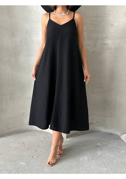 Kadın V Yaka Ayarlanabilir Askılı Astarlı Ithal Kumaş Günlük Midi Kloş Rahat Kalıp Elbise GEL3000