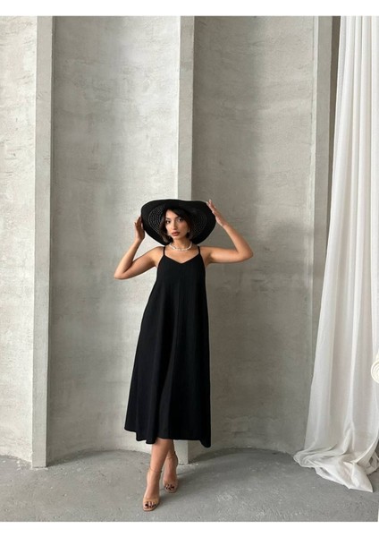 Kadın V Yaka Ayarlanabilir Askılı Astarlı Ithal Kumaş Günlük Midi Kloş Rahat Kalıp Elbise GEL3000 fiyatları