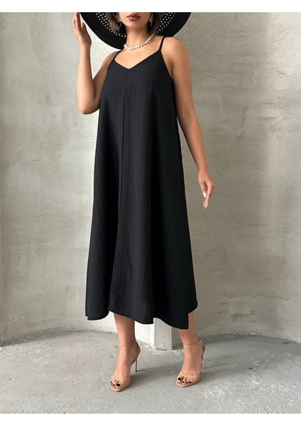 Kadın V Yaka Ayarlanabilir Askılı Astarlı Ithal Kumaş Günlük Midi Kloş Rahat Kalıp Elbise GEL3000 indirimleri