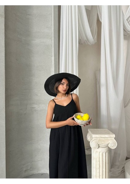 Kadın V Yaka Ayarlanabilir Askılı Astarlı Ithal Kumaş Günlük Midi Kloş Rahat Kalıp Elbise GEL3000