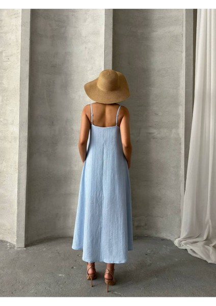 Kadın V Yaka Ayarlanabilir Askılı Astarlı Ithal Kumaş Günlük Midi Kloş Rahat Kalıp Elbise GEL3000 fiyatları