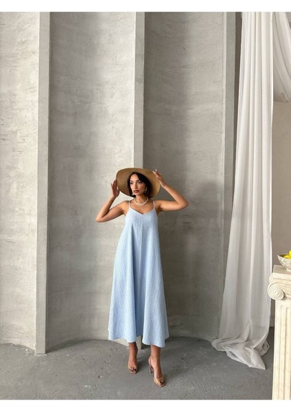 Kadın V Yaka Ayarlanabilir Askılı Astarlı Ithal Kumaş Günlük Midi Kloş Rahat Kalıp Elbise GEL3000 modelleri