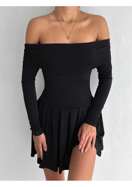 Kadın Omzu Açık Madonna Yaka Vücudu Saran Pileli Mini Şık Elbise MNN7139 fiyatları