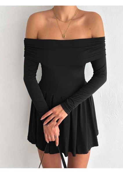 Kadın Omzu Açık Madonna Yaka Vücudu Saran Pileli Mini Şık Elbise MNN7139 indirimleri