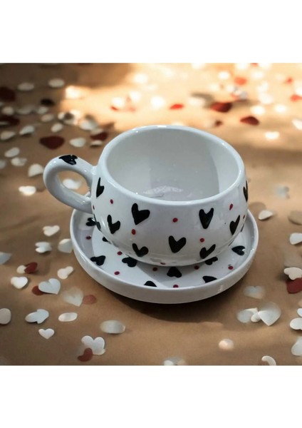 El Yapımı Siyah Kalpli Tabaklı Seramik Kupa, Sevgililer Günü Özel