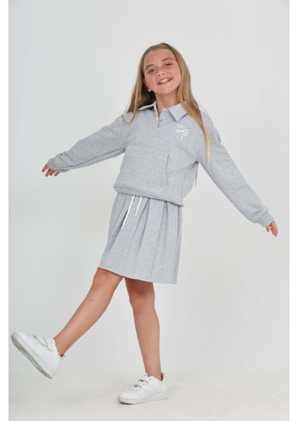 Kız Çocuk Fiyonk Nakışlı Etekli Takım