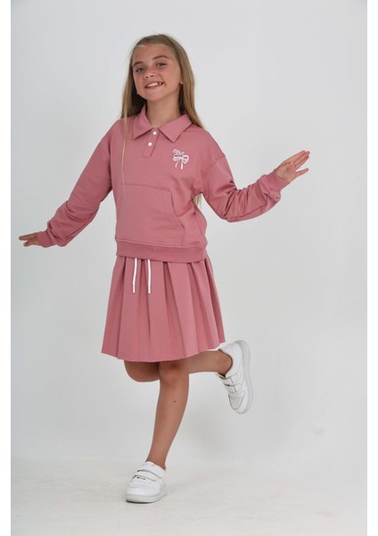Kız Çocuk Fiyonk Nakışlı Etekli Takım