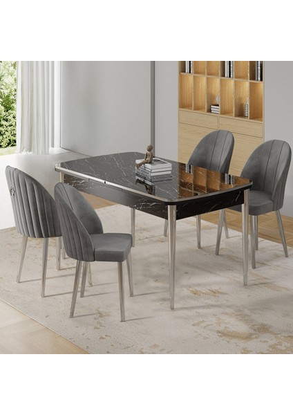 Rada Serisi 80X132 Açılabilir Lak Panel Siyah Mermer Desen Masa 4 Gri Sandalye Krom Detay