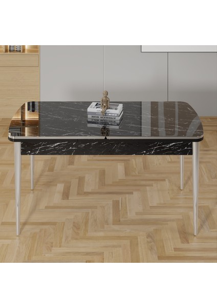 Rada Serisi 80X132 Açılabilir Lak Panel Siyah Mermer Desen Masa 4 Gri Sandalye Krom Detay fiyatları