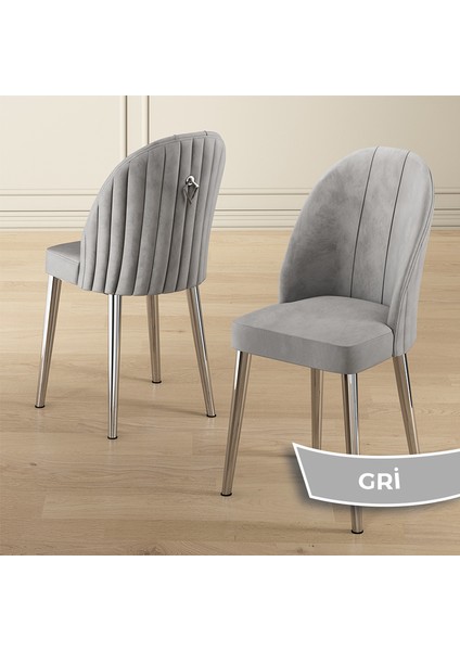 Rada Serisi 80X132 Açılabilir Lak Panel Siyah Mermer Desen Masa 4 Gri Sandalye Krom Detay fırsatları