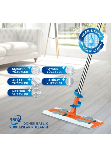 Famous+ Düz Mop Yer Temizlik Sistemi, Islak ve Kuru Kullanım, 360 Döner Başlıklı Pratik Paspas fiyatları