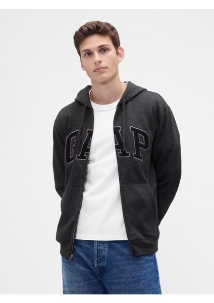 Erkek Koyu Gri Gap Logo Kapüşonlu Sweatshirt