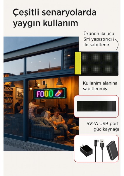 Programlanabilir LED Işaretler | Iç Mekan Için Mesaj Kaydırma LED Ekran | Esnek LED Reklam Işareti | Bluetooth App | Özel Editör Animasyonları60 cm modelleri