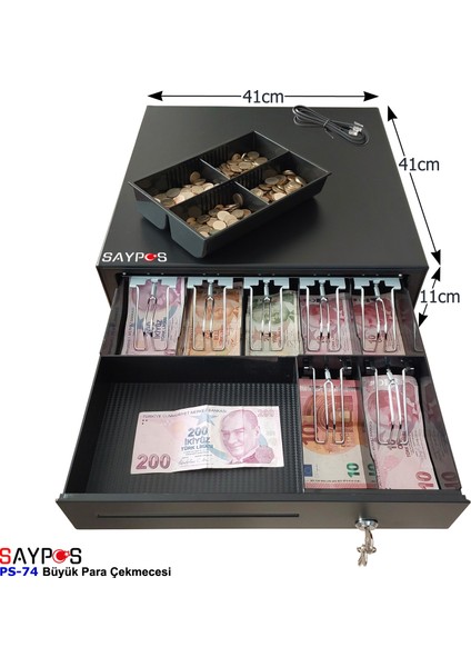 7 Banknot Gözlü Yazarkasa Pos Bağlantılı ve Anahtardan Açılır Büyük Para Çekmecesi 41X41X11CM