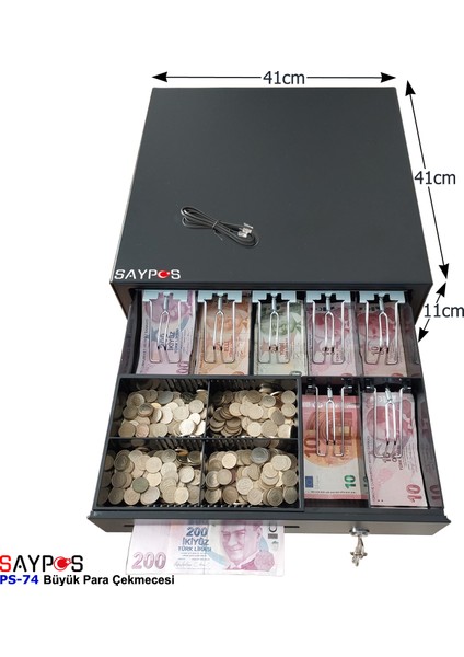 7 Banknot Gözlü Yazarkasa Pos Bağlantılı ve Anahtardan Açılır Büyük Para Çekmecesi 41X41X11CM fiyatları