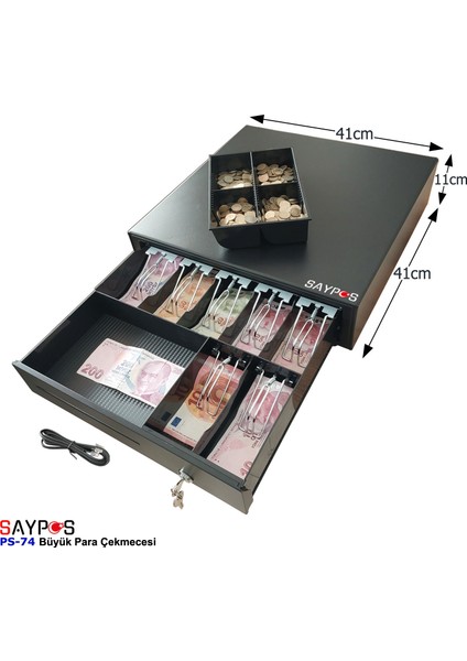7 Banknot Gözlü Yazarkasa Pos Bağlantılı ve Anahtardan Açılır Büyük Para Çekmecesi 41X41X11CM modelleri