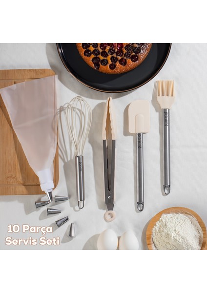 3160 10 Parça Pasta ve Tatlı Servis Seti Kek Pasta ve Şekillendirici Duy Seti Beyaz