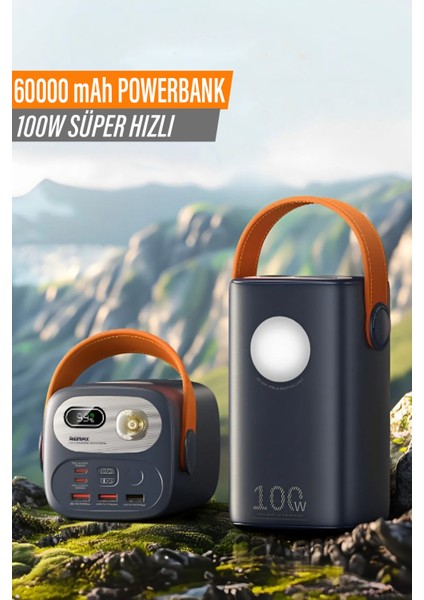 60.000 Mah Powerbank Hızlı Şarj Pd 100W Taşıma Askılı Şarj Istasyonu LED Işıklı 3xusb 2xtype-C