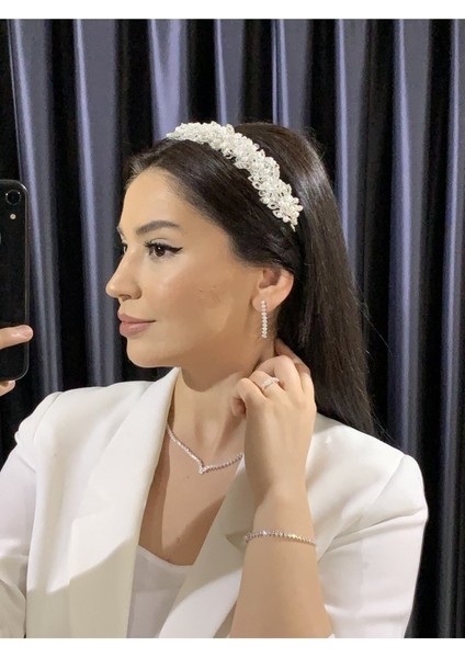 Beyaz Taşlı Gelin Düğün Kına Nikah Nişan Türban Aksesuarı Narin