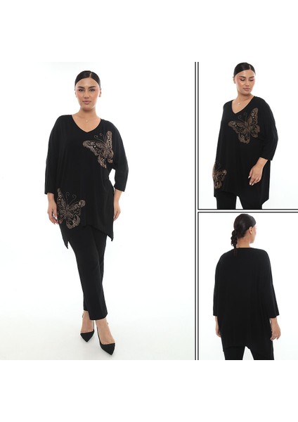 Kelebek Desen Taşlı V Yaka Viskon